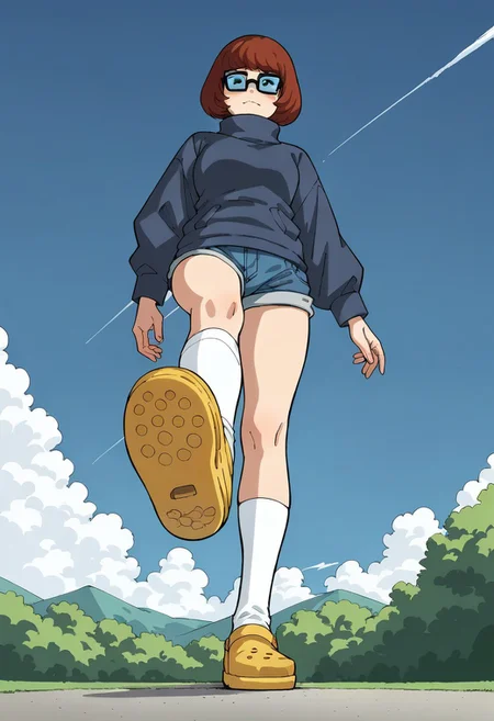 score_9, score_8_up, score_7_up, source_anime,
BREAK
1girl, velma, blue jacket, denim shorts, looking at viewer, from below, full body, standing, outdoors, perfect legs, perfect face, perfect eyes,
BREAK
yellow crocs, crocs, white socks, standing on one leg,
BREAK
hud_v4nspose, sky, foreshortening, perspective,