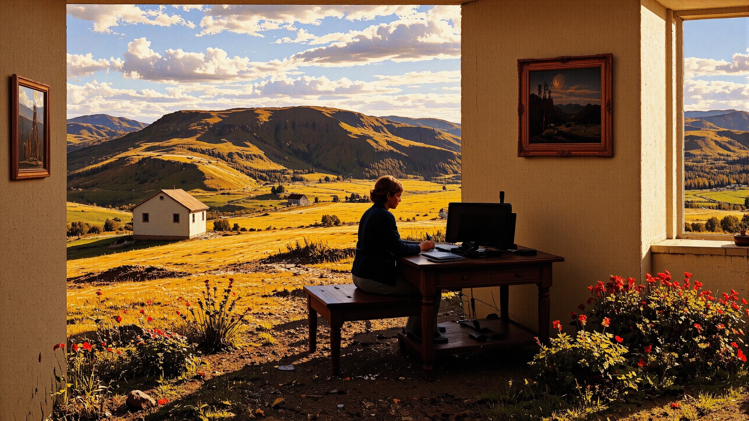 office, beautiful St Helenian landscape,  woman, multilayer paint splash style, <lora:Hand v2:1> <lora:Anti-Blur:1> <lora:Insane Detail Slider:0.5>   <lora:Flux.1_Turbo_Detailer:0.6>   <lora:flux-photo-transparent_Alpha_1.0:0.8> <lora:flux.1_lora_flyway_Epic-detail_v2:1>   <lora:Painterly01b_CE_FLUX_AIT:0.8> pntrlyCE_style