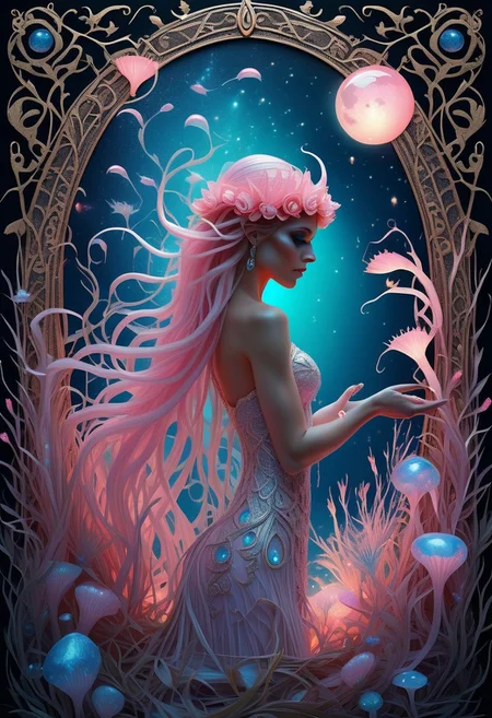 best quality, reality-shot, realism, realistic portrait photography of a beautiful siren with whimsical elements, awesome appearence, magical fairytale landscape, elaborate fantasy style art, black and light pink theme, intricate details, exquisite detail, ultra sharp, flawless composition, vivid colors, masterpiece, exciting background with glowing flowers and a crescent moon, opalescence, fantastical Crystal, glowing, Waterdrop, jellyfish, Framed by plants, in the style of art nouveau, glowing opal fantasy