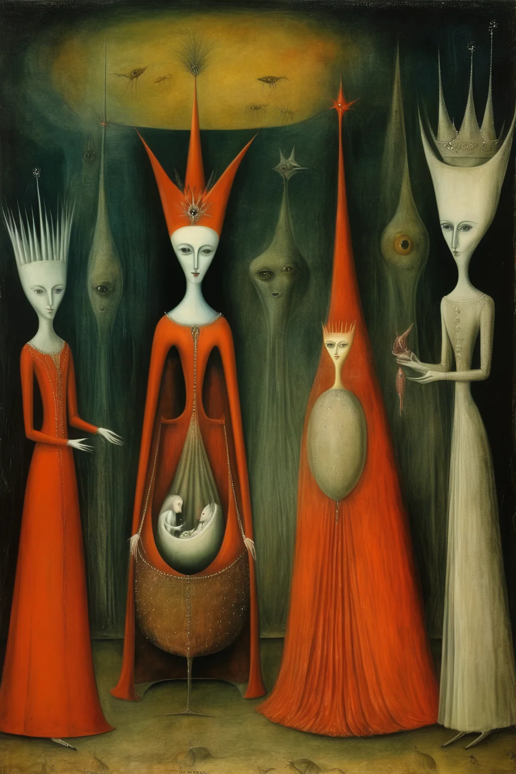 <lora:Leonora Carrington Style:1>Leonora Carrington Style - Artwork by Leonora Carrington. There is a meeting between a Queen and another woman, who holds a baby. The Queen is about to take the baby, and raise him as her own son.