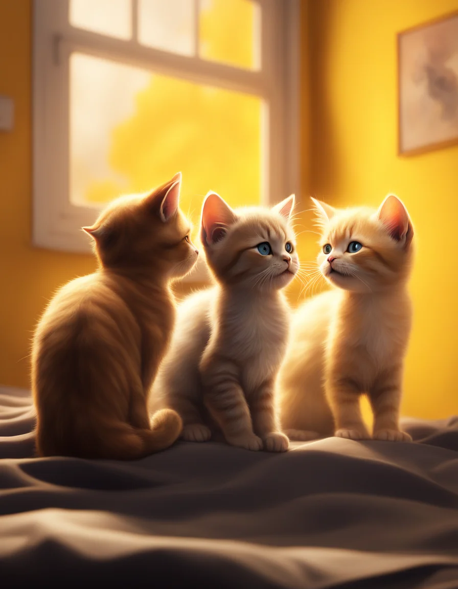 some kittens playing around. the kittens was in a room with yellow background color. those kittens were standing next to a bed. animal cat. digital art. artstation. realistic. vibrant. illustration. in the style of pixar movie. octane render. art by artgerm and greg rutkowski and alphonse mucha. volumetric lighting.