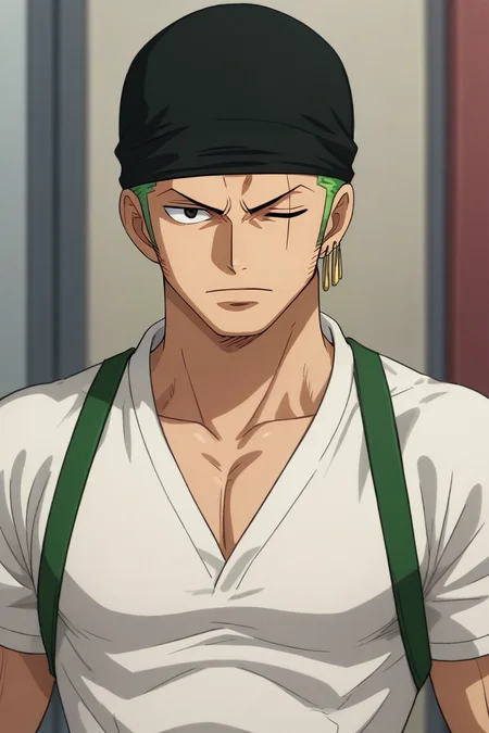 score_9, score_8_up, score_7_up, source_anime, , anime screencap, , official style, , , depth of field, 1boy, solo, male focus, <lora:zoro_roronoa_pony:0.74>, zoro_roronoa, green hair, black eyes, short hair, bandana, earrings, post timeskip, , scar across eye, one eye closed, sideburns, , , science fiction soft science fiction, , <lora:sdxl_lightning_8step_lora:1>