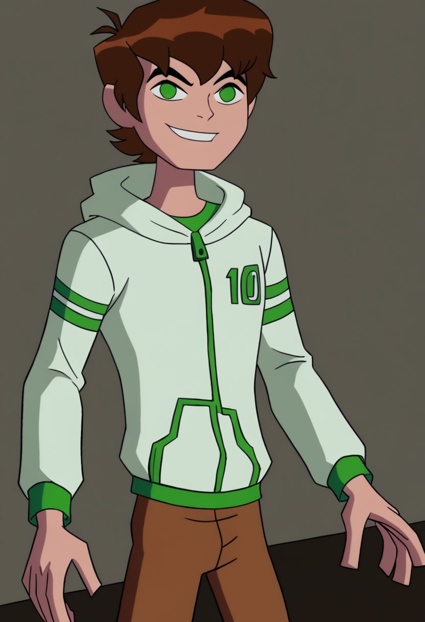 ,Ben tennyson 1boy,solo,playing,video game,smile,blue back ground,looking at viewer,brown hair,green eyes,white hoodie,long sleeves,brown pants