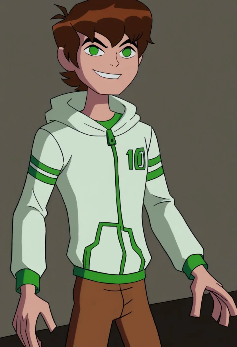 ,Ben tennyson 1boy,solo,playing,video game,smile,blue back ground,looking at viewer,brown hair,green eyes,white hoodie,long sleeves,brown pants