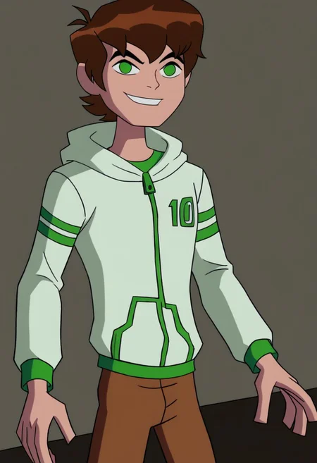 ,Ben tennyson 1boy,solo,playing,video game,smile,blue back ground,looking at viewer,brown hair,green eyes,white hoodie,long sleeves,brown pants