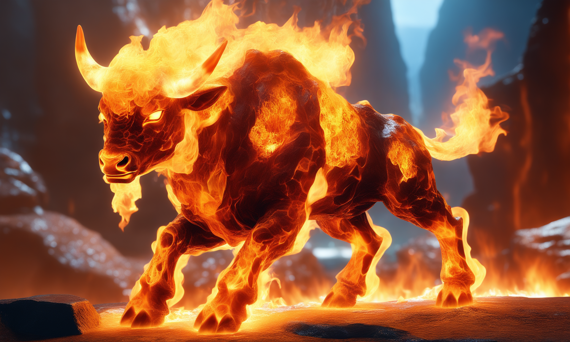 <lora:firecd_xl-000017:0.6>,a transparent fire elemental ox made of (firecd_xl,raging flames:1.2,burning) in hell,fire eyes,fire hairs,fire body,splash fire,no humans,long-focus,tilt-shift,outdoors,on molten rock,full body,chinese zodiac,cutie,cute,still life,front view,facing viewer,looking at viewer,ethereal fantasy concept art,magnificent,epic,majestic,magical, emotional,harmonious,high budget,moody,epic,gorgeous,perfect lighting,realistic,photorealistic,photographic,photo (medium),real,moody lighting,volumetric lighting,reality ray tracing,8K,HDR,UHD,masterpiece,best quality,highly detailed,high resolution,finely detail,extremely detailed,ultra detailed,wallpaper