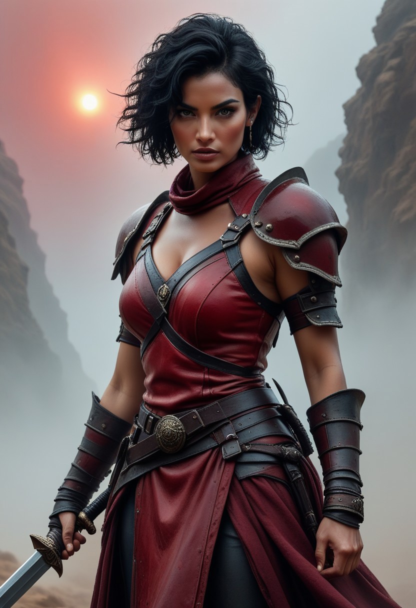 woman, cosplay, upper body shot, dynamic pose, with short black hair, red and burgundy leather armour, hyperreal skin textures, mist curls around her hand holding a sword, swirling fog and motion blur suggest motion, detailed face, reflections, dark mythical drawing, hyperdetailed realism,Art by Boris Vallejo, Dark Cinematic Film Style, in a desert canyon, red sunset sky,