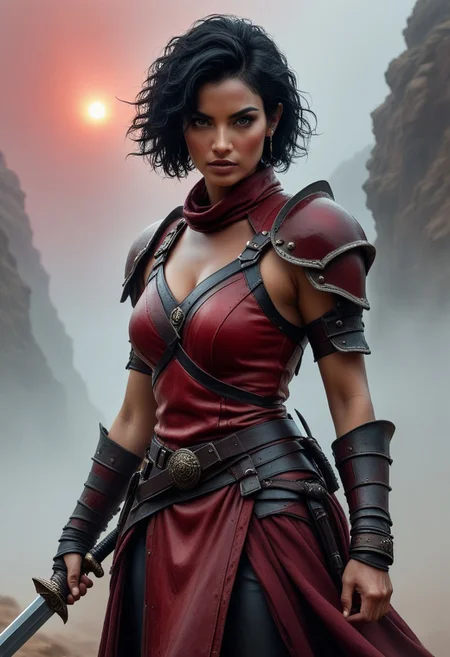 woman, cosplay, upper body shot, dynamic pose, with short black hair, red and burgundy leather armour, hyperreal skin textures, mist curls around her hand holding a sword, swirling fog and motion blur suggest motion, detailed face, reflections, dark mythical drawing, hyperdetailed realism,Art by Boris Vallejo, Dark Cinematic Film Style, in a desert canyon, red sunset sky,