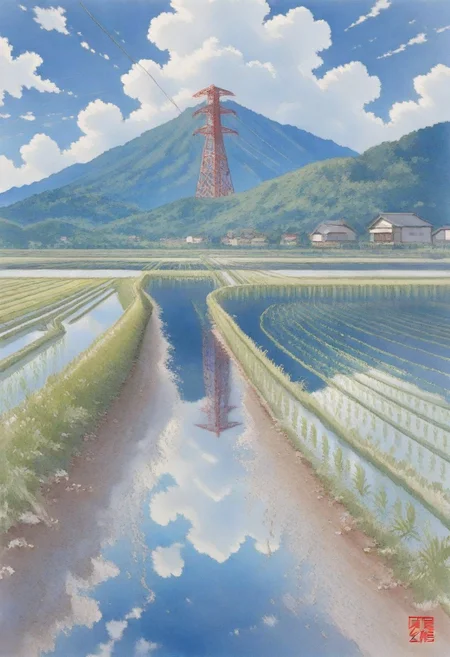blue sky,  cloud, cloudy sky, day, mountainous horizon, outdoors, power lines, reflection, rice paddy, scenery, , solo, , summer, transmission tower, water, wind,  (masterpiece:1.2), best quality, very awa, perfect quality, newest, absurdres, highres, (4k, 8k, Ultra HD), (ultra-detailed:1.2), very aesthetic, sharp focus, (depth of field:1.5, foreshortening:0.8, deep perspective:0.8), ((Watercolor, tokyogenso style, uchio kazumasa style)), (((no logo)))