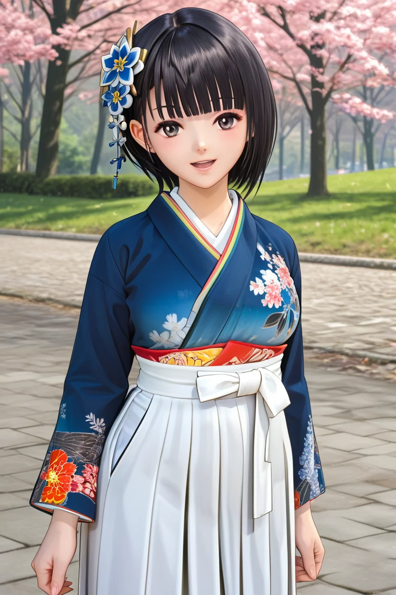 Shirai Hinako, japanese outfit,1girl, solo, looking at viewer, smile, short hair, bangs, skirt, black hair, hair ornament, long sleeves, standing, flower, pantyhose, boots, outdoors, japanese clothes, hair flower, blunt bangs, kimono, black eyes, floral print, hakama, hakama skirt, white hakama, blue kimono, photo background<lora:Shirai_Hinako_Blue_Reflection_Pony:1> anime color, seductive smile, (kishida mel), open mouth, large breast,