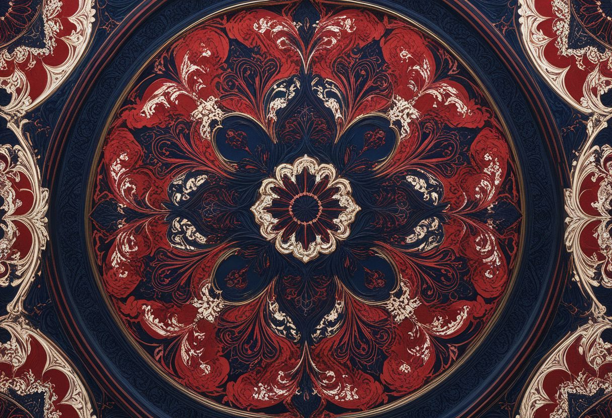 photo of a paisley pattern, official art, aesthetic, dynamic angle, hyper detailed, order and chaos, dark colors, (extremely detailed, intricate details, masterpiece, best quality, 8k wallpaper:1.4), dramatic lighting, (dark blue and madder red palette:1.2), boteh, paisley, navy blue, madder red, almond