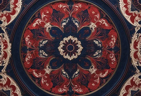 photo of a paisley pattern, official art, aesthetic, dynamic angle, hyper detailed, order and chaos, dark colors, (extremely detailed, intricate details, masterpiece, best quality, 8k wallpaper:1.4), dramatic lighting, (dark blue and madder red palette:1.2), boteh, paisley, navy blue, madder red, almond
