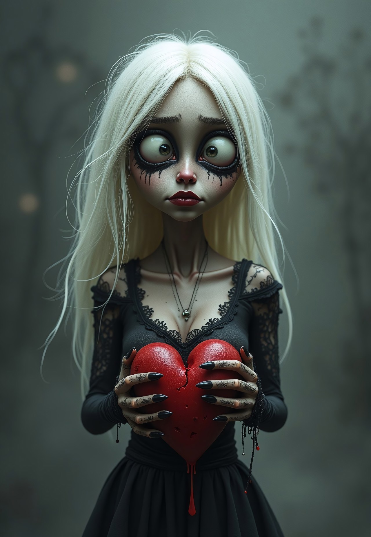 A stylized caricature of a dark female figure with a hollow chest with an empty hole in the middle. Her hair is light, almost white. She holds a bleeding, dark red and torn, broken  heart in both hands in front of her chest. The figure has exaggerated, elongated features, large sorrowful eyes, and a melancholic yet endearing expression. The atmosphere is eerie but sweet, with a soft glow highlighting the creature’s delicate sadness. Intricate gothic details adorn her body, with torn lace and faintly glowing cracks along her form. The background is misty and dimly lit, evoking a dreamlike, almost whimsical gothic fairytale aesthetic The picture features muted color palette and a dezent monochromatic scheme, primarily with shades of black, white, and silver. 
