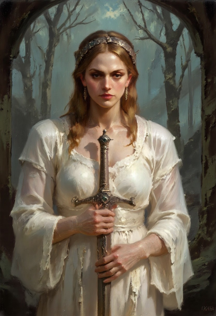 Dark-Fantasy-Cardd-V.2.0 style dark fantasy oil painting with detailed eyes that features a woman, an embodiment of grace and divinity, holds a long, gleaming sword horizontally across her open hands, its blade radiating with an inner silver glow that contrasts with the warm tones of her golden skin. She wears a delicate, flowing white gown that appears almost translucent, cascading around her like a wisp of mist, with edges blending into the faint fog surrounding her form. The fabric shimmers faintly, catching glimmers of gold and soft blues from the ambient lighting, adding depth to the folds and texture of her attire. Her face is calm, illuminated by a celestial light emanating from above, highlighting her closed eyes and giving her an expression of peace and solemnity. Her golden-blonde hair flows over her shoulders, woven with a faint, pearlescent sheen, and crowned by an intricate, filigreed circlet of silver that sparkles subtly, catching the dim forest light. The circlet is adorned with tiny jewels of emerald and sapphire, enhancing the regal yet mystical aura surrounding her.