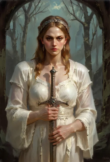 Dark-Fantasy-Cardd-V.2.0 style dark fantasy oil painting with detailed eyes that features a woman, an embodiment of grace and divinity, holds a long, gleaming sword horizontally across her open hands, its blade radiating with an inner silver glow that contrasts with the warm tones of her golden skin. She wears a delicate, flowing white gown that appears almost translucent, cascading around her like a wisp of mist, with edges blending into the faint fog surrounding her form. The fabric shimmers faintly, catching glimmers of gold and soft blues from the ambient lighting, adding depth to the folds and texture of her attire. Her face is calm, illuminated by a celestial light emanating from above, highlighting her closed eyes and giving her an expression of peace and solemnity. Her golden-blonde hair flows over her shoulders, woven with a faint, pearlescent sheen, and crowned by an intricate, filigreed circlet of silver that sparkles subtly, catching the dim forest light. The circlet is adorned with tiny jewels of emerald and sapphire, enhancing the regal yet mystical aura surrounding her.