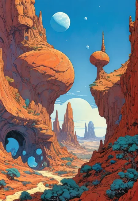 Moebius (Jean Giraud) Style page, by Roger Dean, concept art, source_comics, pinnacles, red rock, blue sky, ancient giant rocks, strange design on rocks, glowing swirl design on rocks, epic landscape, two moons, shrubbery