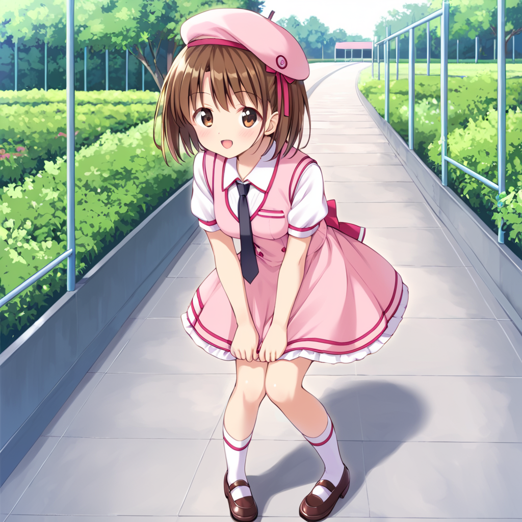 outdoors,  <lora:Amatsuka_Sakura_IS:1> amatsukasakura, 1girl, solo, brown hair, short hair, brown eyes, necktie, pink headwear, pink hat, beret, pink dress, white vest, necktie, dress, short sleeves, shoes, brown footwear, mary janes
