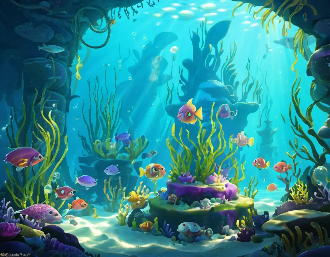 Undersea Palace: Coral architecture, regal merfolk, sea gardens, bioluminescent fish, pearl treasures., detailed, sub surface scattering, particles, dust, sharp focus, glow <lora:MODILL_XL_0.27_RC:0.9>