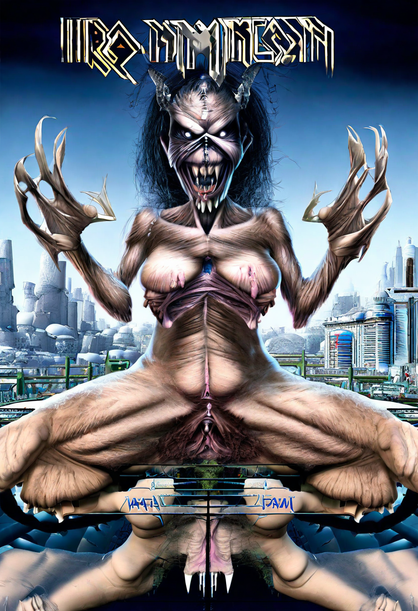 this surrealist 1r0nM41d3n illustration features a naked evil woman with her gigantic breasts. She is spreading her legs open showing her hairy vagina. She is a park in a futuristic city.