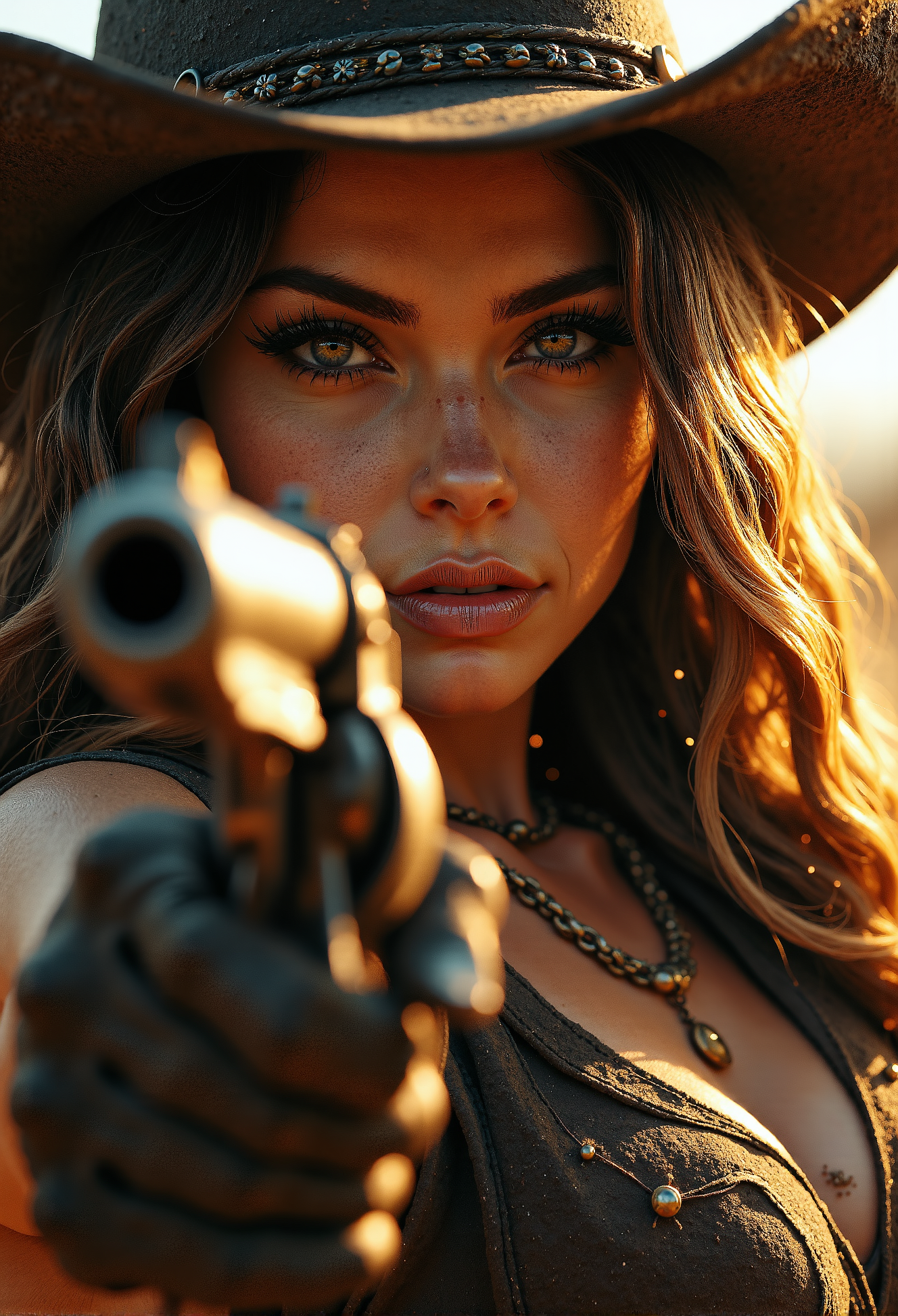 A dramatic close-up of a stunning gunslinger cowgirl aiming her revolver with intense precision. Her striking face is framed by loose strands of wavy hair, partially shadowed by her weathered, wide-brimmed hat. Her eyes, sharp and piercing, lock onto her target with unflinching focus, reflecting the sunsetâs golden glow. A faint smirk plays on her lips, exuding confidence and danger. The detailed revolver, with ornate engravings, is held firmly in her gloved hand, pointing directly forward. Dust motes dance in the sunlight around her, highlighting the tension of the moment. The background is a blurred hint of a Western town, adding depth but keeping all attention on her fierce and captivating presence. The atmosphere is charged, capturing the deadly allure and skill of a gunslinger ready for the final showdown.