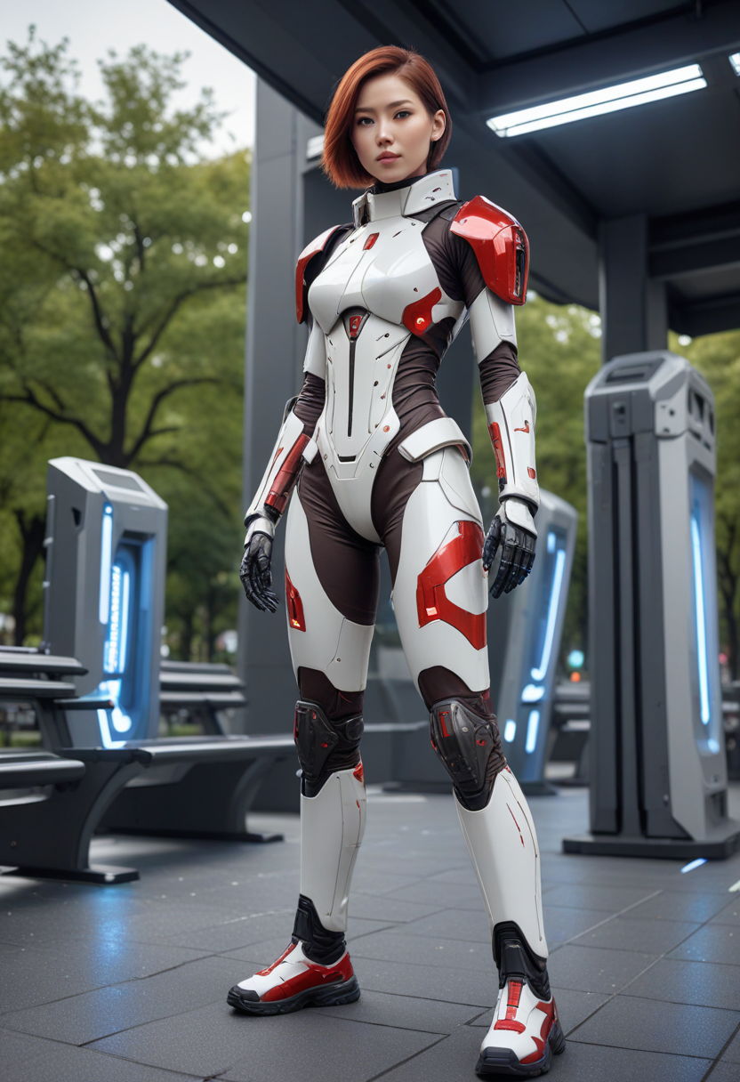 ((fashion photography)), perfect face, perfect eyes, (medium full shot) of  (vivacious futuristic soldier) young woman, korean, dark brown eyes, pale skin, light skin, light brown eyes, willowy build, long red inverted bob hair, wearing Plasma-infused exosuit with neural control interface, multi-spectral visor with threat detection, energy gauntlets with plasma cannons, anti-gravity combat boots, High-caliber railgun with electromagnetic propulsion, set in  public park, Fitness Plaza, Open-air area with high-tech exercise equipment, rubberized flooring, LED-lit pathways, solar-powered benches with charging docks, retractable awnings , smiling at the viewer, masterpiece, best quality, photorealistic, very aesthetic
