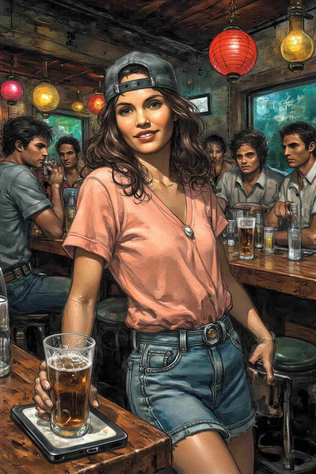 juangimenez1 illustration.
The air buzzes with the energy of a busy bar, a mix of music, conversation, and the clinking of glasses. A barmaid, the embodiment of youthful vibrancy, navigates the lively scene. She wears a peach-coloured T-shirt, the soft fabric contrasting with the smooth, cold glass of coke she carries on a small tablet. Her short skirt adds a playful touch, and a backwards baseball cap hints at a carefree attitude. The setting and atmosphere are palpable: the warm, slightly sticky surface of the bar counter under her fingertips, the dim, colourful lighting that casts playful shadows. Sensory details are abundant: the condensation forming on the glass of coke, the texture of her denim skirt, and the way the bar lights catch the highlights in her hair. Her confident stride, her quick smile, and her efficient movements. Stylistically, the image draws inspiration from the vibrant, candid shots of nightlife photographers, with a touch of the stylized realism found in contemporary illustration. There's a deliberate contrast between the barmaid's youthful energy and the slightly worn, lived-in atmosphere of the bar, creating a dynamic and engaging image. <lora:juangimenez1_cap_d8a4e12:1.0><lora:857661709295300077:0>