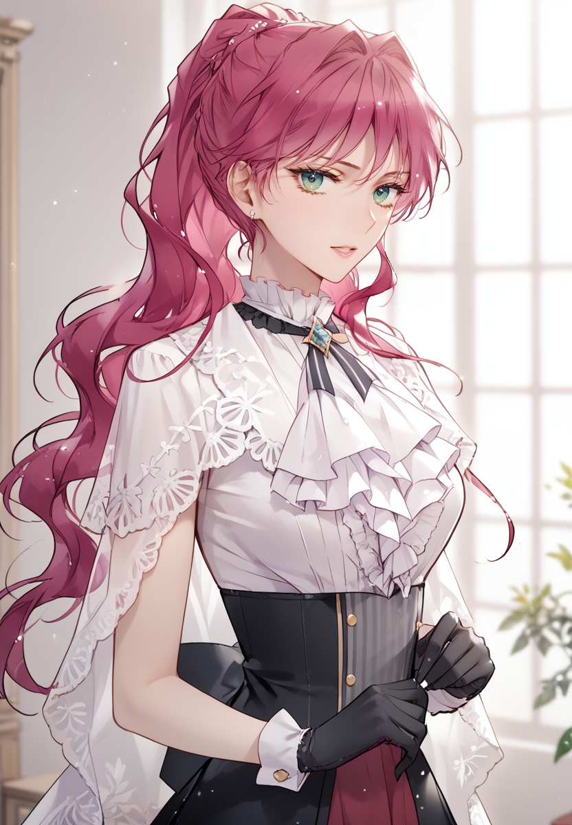 zPDXL3, score_9_up, score_8_up, score_7_up, (Anime_source),Masterpiece,(perfect female body:1.2), small waist,(incredibly detailed:1.4), slim, beautiful fingers, beautiful white skin, Beautiful clear skin, looking at viewer, (large breasts:1.3)  <lora:Penelope_Eckhart_-_Death_Is_the_Only_Ending_for_the_Villainess-Kaleid-PONY:0.8> penelopeeckhart, 1girl,  pink hair, green eyes, ponytail, short, pantyhose, black gloves, ascot
