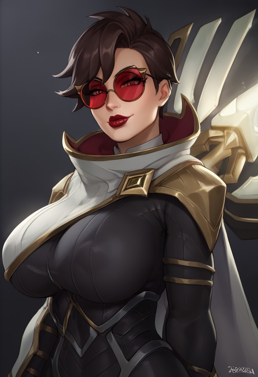 score_9, score_8_up, score_7_up, 1girl, seductive smile, half-closed eyes, looking at viewer, solo, from side, bbw,
red lipstick, SentinelVayne, black hair, brown hair, short hair, circle_tinted_glasses, circle framed glasses, red sunglasses
 beautiful face, gorgeous face, cute face, perfect lips, perfect eyes, masterpiece, high detail, huge breasts, round breasts, gigantic breasts, venus body, voluptuous body, (1girl:2), (detailed face:1.8), (face focus:1.5), bimbo lips, (zoom in:1.4), (light skinned female:1.2), (pale female:1.8), red lipstick, (SentinelVayne:1.4), brown hair, short hair, red eyes, tall white collar, circle_tinted_glasses, circle sunglasses, red sunglasses, black bodysuit, gold shoulder armor, smirk, flirty, overexposed, harsh flash, raw lighting, (deep cleavage:1.2), (upper body:1.2), blender style, 3d, dark background, blank background, areola slip,