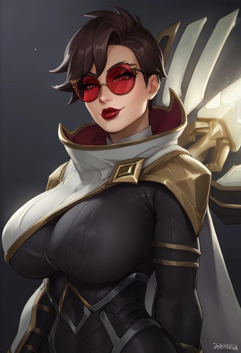 score_9, score_8_up, score_7_up, 1girl, seductive smile, half-closed eyes, looking at viewer, solo, from side, bbw,
red lipstick, SentinelVayne, black hair, brown hair, short hair, circle_tinted_glasses, circle framed glasses, red sunglasses
beautiful face, gorgeous face, cute face, perfect lips, perfect eyes, masterpiece, high detail, huge breasts, round breasts, gigantic breasts, venus body, voluptuous body, (1girl:2), (detailed face:1.8), (face focus:1.5), bimbo lips, (zoom in:1.4), (light skinned female:1.2), (pale female:1.8), red lipstick, (SentinelVayne:1.4), brown hair, short hair, red eyes, tall white collar, circle_tinted_glasses, circle sunglasses, red sunglasses, black bodysuit, gold shoulder armor, smirk, flirty, overexposed, harsh flash, raw lighting, (deep cleavage:1.2), (upper body:1.2), blender style, 3d, dark background, blank background, areola slip,