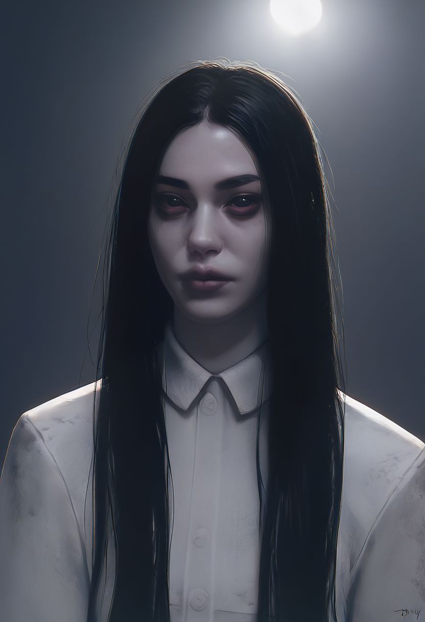 score_9, score_8_up, score_8, solo, portrait, (theonryoxl), long black hair,pale skin, dirty white dress,long sleeves, dark room,dim lighting
