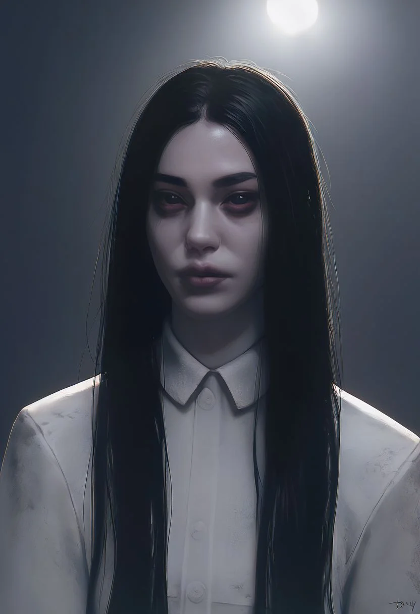 score_9, score_8_up, score_8, solo, portrait, (theonryoxl), long black hair,pale skin, dirty white dress,long sleeves, dark room,dim lighting