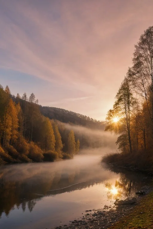 masterpiece, best quality, vivid colors, high quality, RAW photo, Norway, dream nature, primeval wild, picturesque forest, pink sunset, bright clouds, epic sky, sun, desolate landscape, autumn river, colorful scenery, realistic, beautiful atmosphere, fog,