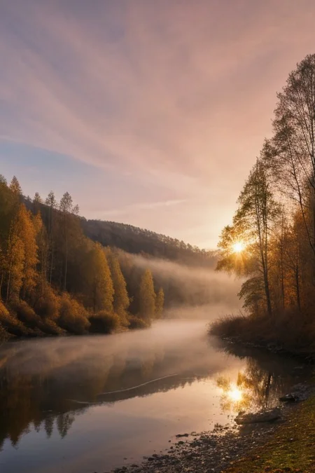 masterpiece, best quality, vivid colors, high quality, RAW photo, Norway, dream nature, primeval wild, picturesque forest, pink sunset, bright clouds, epic sky, sun, desolate landscape, autumn river, colorful scenery, realistic, beautiful atmosphere, fog,