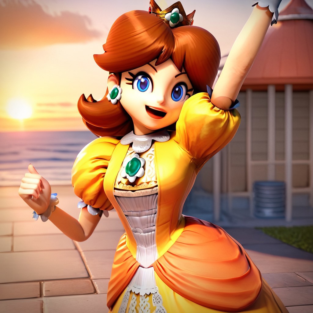 score_9, score_8_up, score_7_up, 3d, highres, best quality, high quality, 1girl, princess daisy, brown hair, short hair, blue eyes, crown, jewelry, earrings, yellow dress, puffy sleeves, smile, open mouth, looking at viewer, arm up, outdoors, sunset