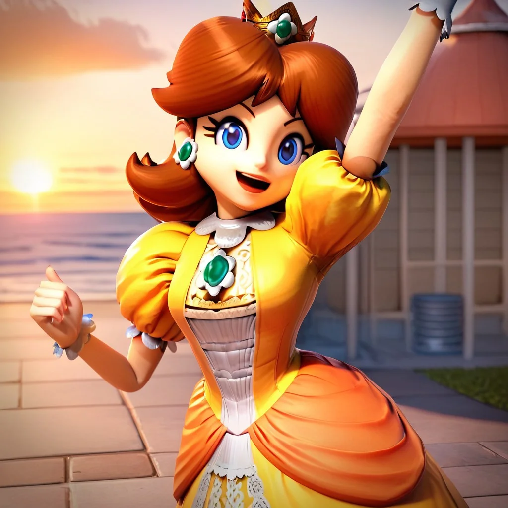 score_9, score_8_up, score_7_up, 3d, highres, best quality, high quality, 1girl, princess daisy, brown hair, short hair, blue eyes, crown, jewelry, earrings, yellow dress, puffy sleeves, smile, open mouth, looking at viewer, arm up, outdoors, sunset