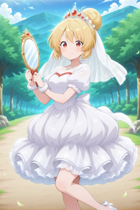absurdres, highres, masterpiece, best quality, amazing quality, official anime artwork, screencap, anime screencap, outdoors, looking at viewer, light smile, dynamic pose, 
<lora:Yamame-Kurodani_Illustrious:1> kurodani yamame, 1girl, solo, red eyes, blonde hair, hair bun,, alternate costume, alternate hairstyle, tiara, veil, white bow, wrist scrunchie, white dress, wedding dress, puffy short sleeves, high heels, white footwear, holding mirror,