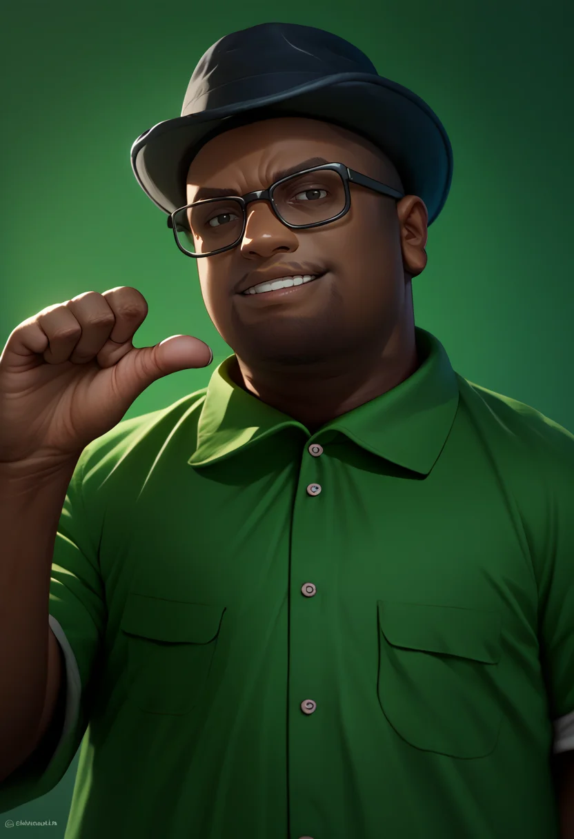 score_9, score_8_up, score_7_up, source_anime, thumb pointing, pointing at self, upper body, <lora:ThumbPointingAtSelf_XLPD:1>, <lora:BigSmoke_XLPD:1> BigSmoke, black eyes, dark-skinned male, facial hair, glasses, black headwear, green shirt, smirk,