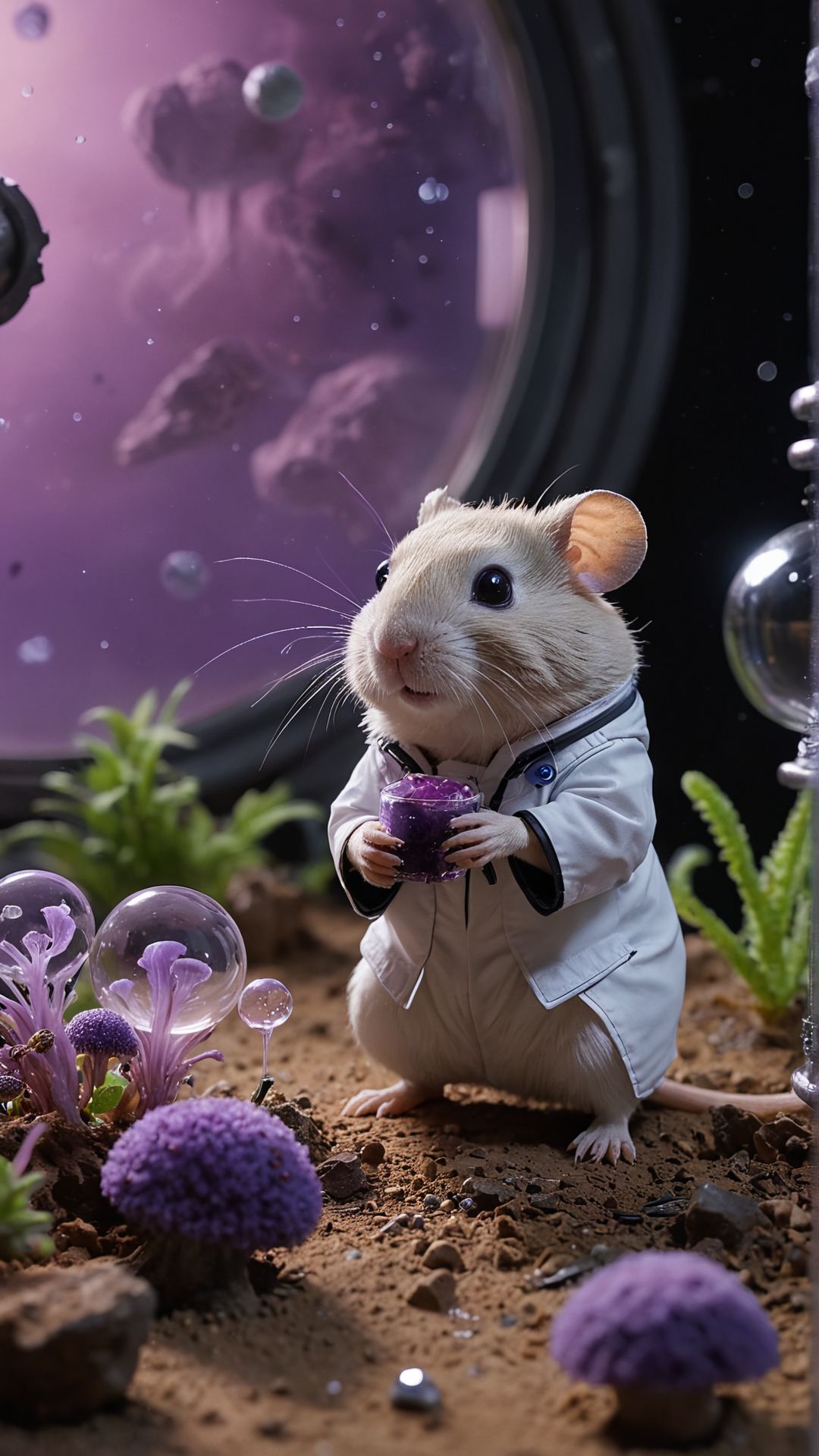 An astronaut exploring an alien planet with a purple sky, strange rock formations, and bioluminescent plants, encountering a friendly, jellyfish-like alien creature A mad scientist hamster in a tiny lab coat, conducting bizarre experiments with miniature beakers and test tubes in a secret lab hidden inside a hamster wheel
Ultra realistic, professional photo, uhd, 8k
<lora:add-detail-xl:1>
<lora:CinematicStyle_v1:0.7>
OverallDetailXL