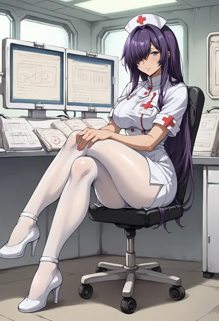 score_9, score_8_up, score_7_up, source_anime, 1girl, solo, looking at viewer, kan`u unchou, purple hair, hair between eyes, hair over one eye, large breasts, nurse, nurse cap, white dress, l4b, indoors, labolatory, science fiction, monitor, sitting, crossed legs, full body, blue eyes, very long hair, white pantyhose, high heels, chair, thighs, closed mouth