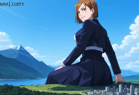 score_9, score_8_up, score_8, low angle,
1girl, solo, ijiranaideyoshi, <lora:ijiranaide-yoshi-s1s2-ponyxl-lora-nochekaiser:1>, cowboy shot, hard shadows, shiny skin, <lora:nobara-kugisaki-s1s2-ponyxl-lora-nochekaiser:1>, nobara kugisaki, kugisaki nobara, bob cut, brown eyes, brown hair, lips, short hair, large breasts,, skirt, school uniform, jacket, cropped jacket, jitome, high-waist skirt, gakuran, morning routine, smile, from behind, side angle, looking at viewer, mischievous, looking down, from below, side angle, sitting, brown smoke on the ground, detailed face, giga giantess, macro, ass focus, wide hips, angelic, flawless, high resolution, above the city, (shrunken city :1.4), (shrunken cityscape:1.3), micro cityscape, clouds on background, solo, ((landscape)),
BREAK, Small city, micro city, low horizon line, mountains, lakes, white clouds, tiny castle, masterpiece, best quality