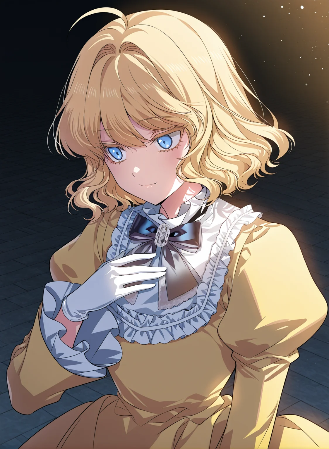 <lora:Heresy_Inquisitor_Female__SSS_Class_Suicide_Hunter__Illustrious:1>
1 girl, solo, blue eyes, short hair, wavy hair, blonde hair, fluffy hair, loose curls, ahoge, parted bangs, soft volume, slightly messy,
elegant yellow dress, long puffed sleeves, white frills, ruffled collar, bow tie, floor-length skirt, formal gown, aristocratic dress, white gloves,
masterpiece, best quality, intricate details, gothic fantasy, upper body portrait, dramatic pose, confident gaze, cinematic lighting, clean background, glowing magical particles, detailed face, vibrant colors