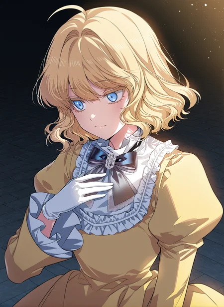 <lora:Heresy_Inquisitor_Female__SSS_Class_Suicide_Hunter__Illustrious:1>
1 girl, solo, blue eyes, short hair, wavy hair, blonde hair, fluffy hair, loose curls, ahoge, parted bangs, soft volume, slightly messy,
elegant yellow dress, long puffed sleeves, white frills, ruffled collar, bow tie, floor-length skirt, formal gown, aristocratic dress, white gloves,
masterpiece, best quality, intricate details, gothic fantasy, upper body portrait, dramatic pose, confident gaze, cinematic lighting, clean background, glowing magical particles, detailed face, vibrant colors