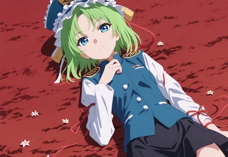 safe_pos, 1girl, solo, solo focus, highres, absurdres, shikieiki, green hair, frilled hat, blue eyes, blue headwear, short hair, bangs,
long sleeves, black skirt, white shirt, blue vest, red ribbon, epaulettes, small breasts, arm ribbon, buttons,
looking at viewer, lying, on back,
spider lily, flower field, night sky, red sky, dark, red theme,