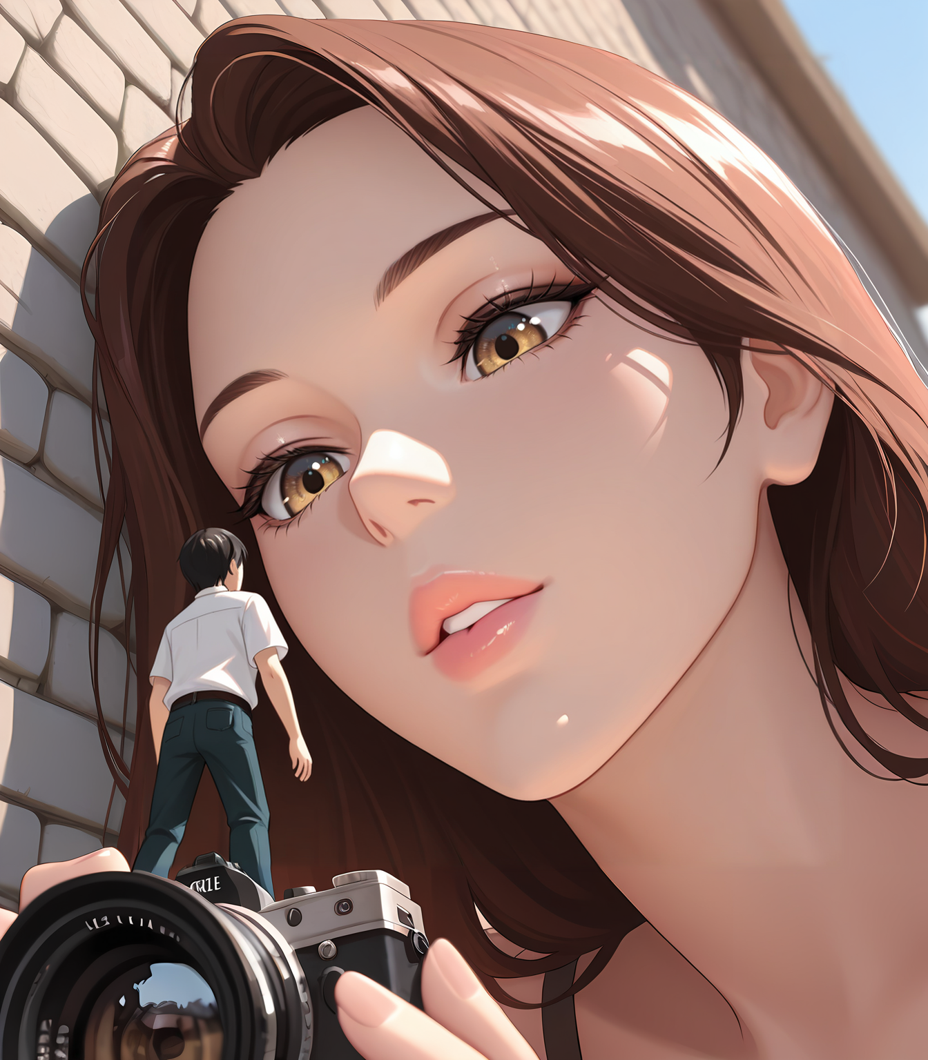 masterpiece, best quality,   <lora:MiniPeopleXQuiron_illus:0.47> MiniPeopleXQuiron, focus miniboy, minigirl,  1girl,  1boy, hetero, parted lips, blurry,  lips,  size difference, giant, giantess,  Leaning against a stone wall, she holds a vintage camera, capturing the world through her lens, from below,