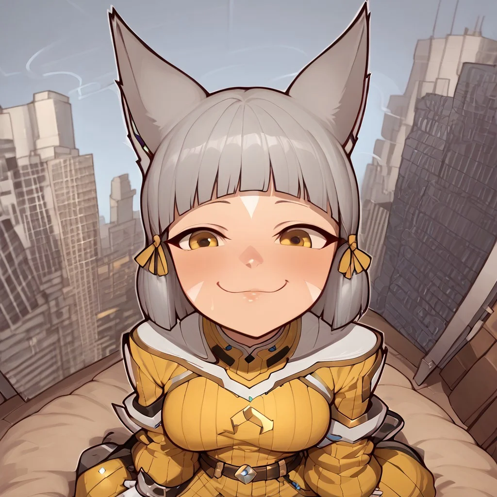 xc2Nia, cat ears, grey hair, short hair, blunt bangs, facial mark, hair ribbon, yellow bodysuit, long sleeves, belt, white gloves, boots, Expressiveh, monkechrome, big smile, smilling face, happy face, medium boobs, average bust, medium chest size, alone, tecnological future, city background