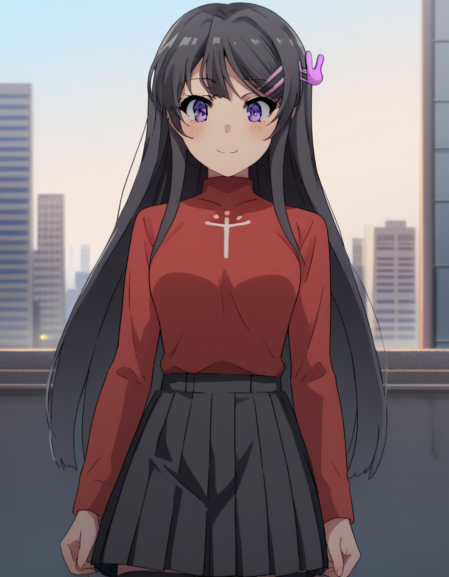 score_9, score_8_up, score_7_up, source_anime, maisakurajima, <lora:mai-sakurajima-s1-ponyxl-lora-nochekaiser:1> mai sakurajima, long hair, bangs, black hair, hair ornament, purple eyes, hairclip, rabbit hair ornament, medium breasts,, <lora:rin-tohsaka-cosplay-ponyxl-lora-nochekaiser:1>, rintohsakacosplay, tohsaka rin \(cosplay\), black skirt, black thighhighs, long sleeves, miniskirt, pleated skirt, red sweater, skirt, sweater, thighhighs, turtleneck,, cityscape, street, smile, blush,, cowboy shot, dutch angle, solo,