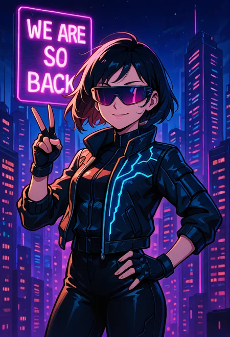 masterpiece, best quality, 1girl, solo, eyelashes, (beautiful eyes), We4reSoB4ck, cyb3r, 1girl, solo, smile, short hair, black hair, gloves, jacket, black gloves, fingerless gloves, black jacket, hand on hip, v, night, sunglasses, building, city, cityscape, leather, tinted eyewear, cyberpunk, neon lights, ,<lora:We4reSoB4ck_IXL_v1:1.0>,