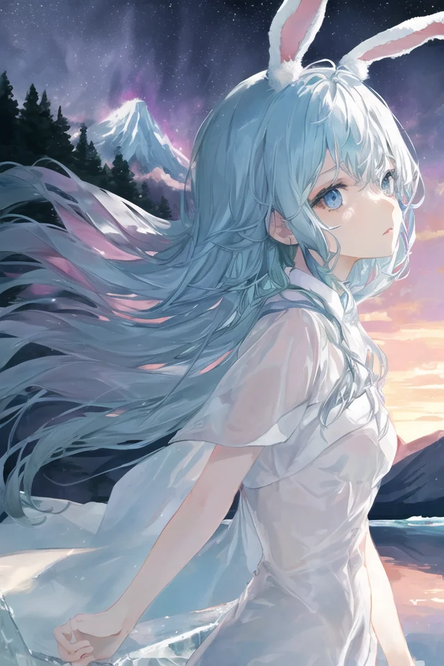 art by Cornflower, dreamy
(original, (masterpiece), (illustration:1.1), (detailed and beautiful), (perfect details), (unity CG 8K wallpaper:1.05), (beautiful and clear background:1.25), (depth of field:0.75), (1 (cute young girl:0.9) with long silver hair, ((snowflake:0.4) head ornament on hair:1.1) and (rabbit ears:1.1) stands aside the (frozen lake with (forest and mountain:1.1):1.35) under the (sunset:1.2) in the (winter:0.65):1.1). (detailed beautiful eyes:1.2), (beautiful face:1.2), (hair blowing with the wind:1.05), (blue eye:1.1), solo, (snow:0.4), aurora, stars.)
