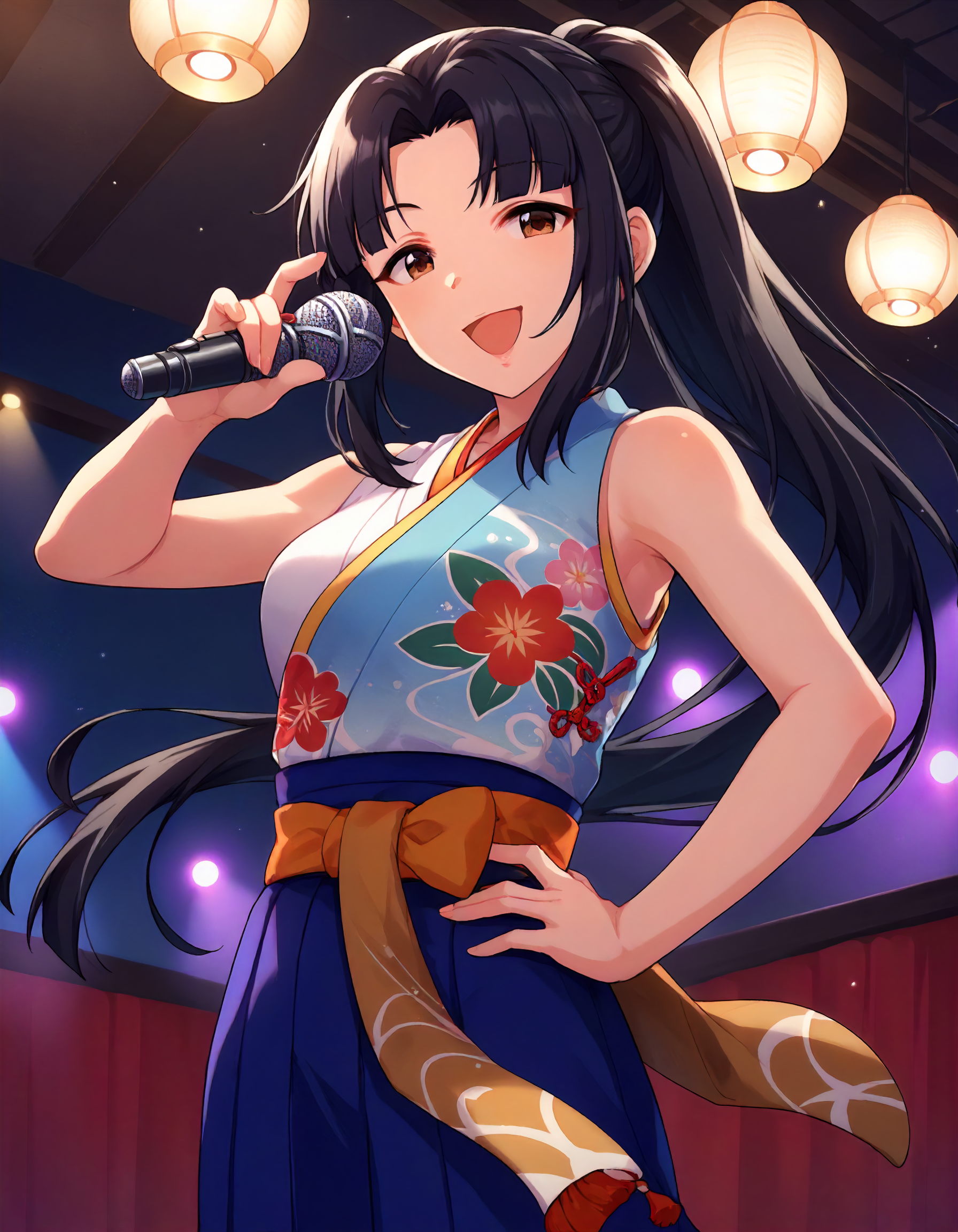 score_9,score_8_up,score_7_up,1girl,solo,cowboy shot,looking at viewer,smile,open mouth,hand on hip,holding microphone,stage lights,indoors,
<lora:mizunomidori_ponyXLV6:0.8>,cgmzm,
black hair,parted bangs,sidelocks,ponytail,brown eyes,
japanese clothes,sleeveless