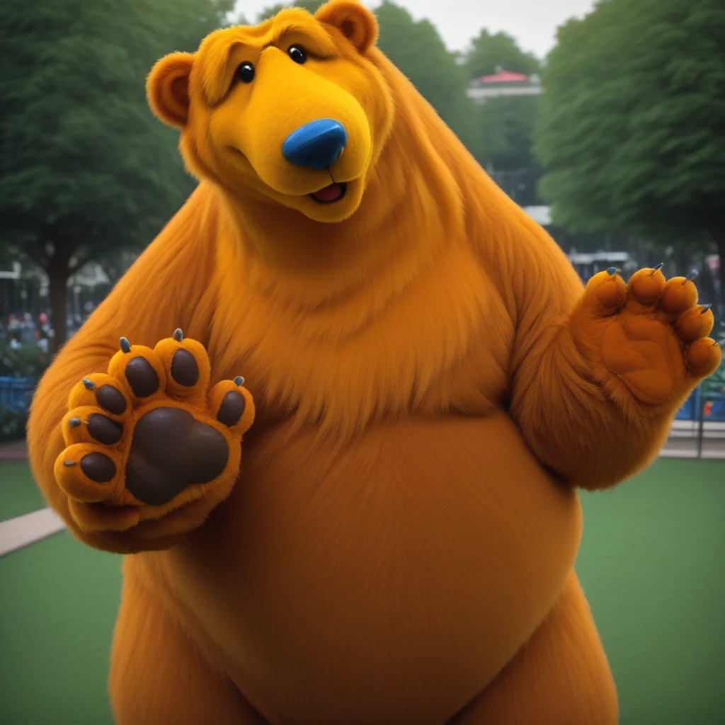 big bear, big belly, realistic, big figure, high quality, no nipples, blue nose, very tall, looking at viewer, waving hand paw, in a park